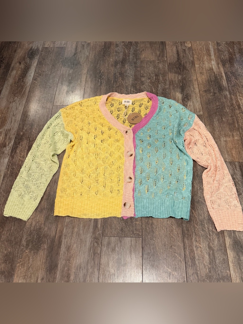 BiBi Pastel Colorblock Openwork Cardigan - Yellow, Blue, Pink, Green, Peach